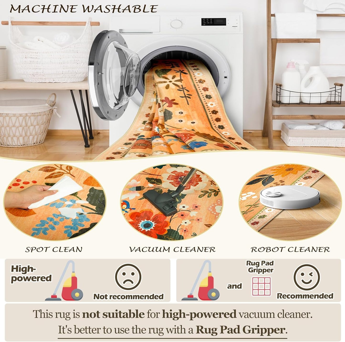 Floral 4ft Area Rug Machine Washable Soft Print Boho Carpet Non Slip Doormat Low Pile Flower Area Rugs for Living Room Bedroom Nursery Kitchen Dining Room Indoor-Yellow/Orange