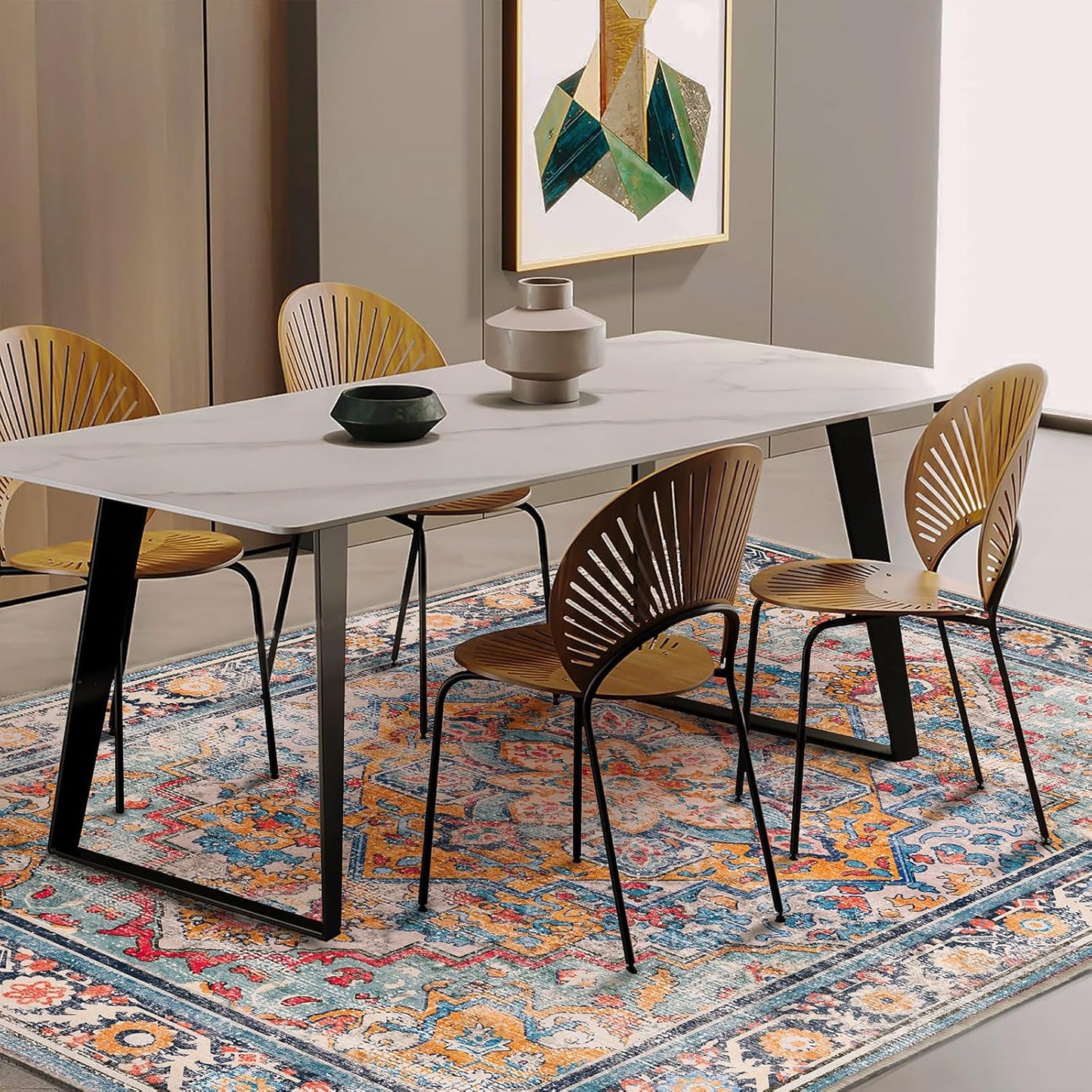 Washable Area Rug 8'x10' Boho Chic Medallion Distressed Design Non-Shedding Easy Care Ideal for High Traffic Areas in Living Room Bedroom Office Coffee Table Large Carpet