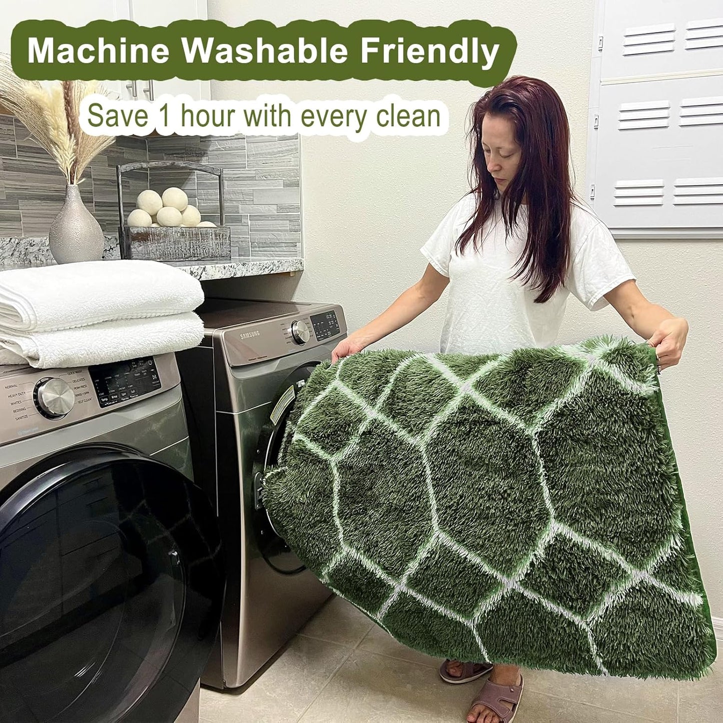 ONASAR 5x7 Area Rugs for Living Room Bedroom, Washable Fluffy Olive Green and White Throw Rug, Geometric Boho Soft Plush Shaggy Floor Carpet for Nursery Kids Girls Boys Teen Dorm Home Decor