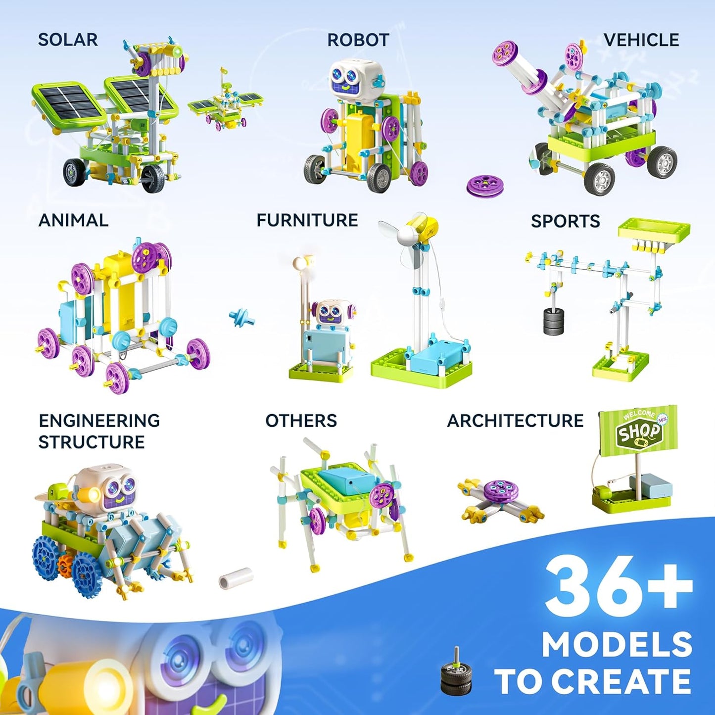 SMILESSKIDDO STEM Toys for Kids 8-13 Years Old, 36-in-1 Robotics Kit with Solar Power & Sensors, 434 Pieces Learning & Education Science Kits, Birthday Gift Idea for Boys and Girls