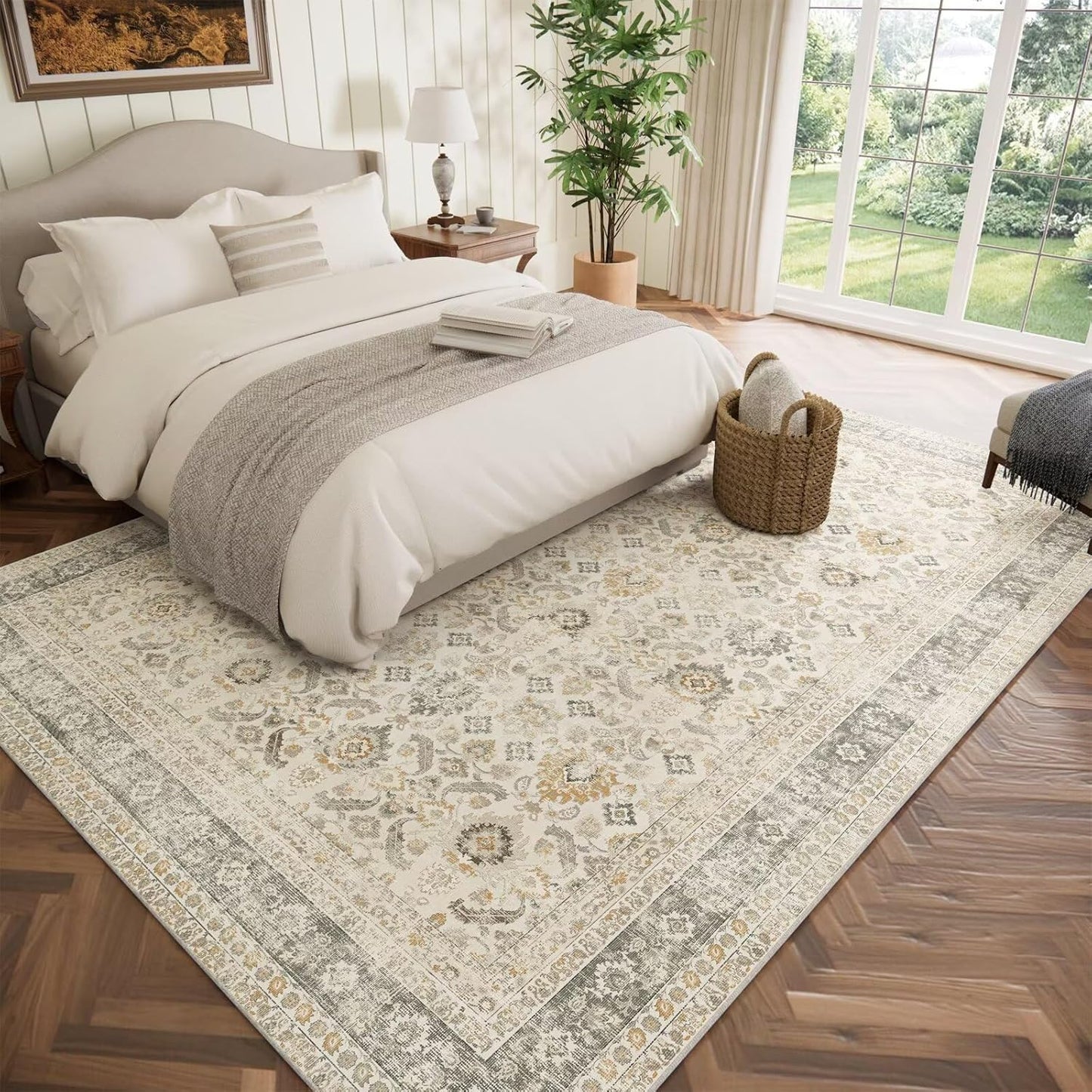 Washable 8x10 Area Rugs for Living Room, Boho Non-Slip Silicone Backing Rugs for Bedroom Dining Room Nursery Office, 0.3" Neutral Oriental Throw Carpet with 0.16" Cushioning Pad, Grey/Multi