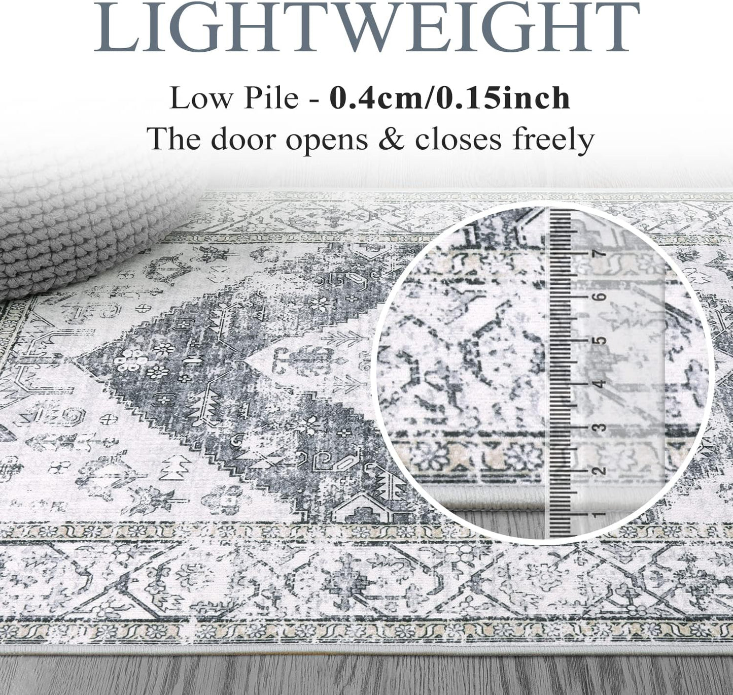 Lahome Boho Round Area Rug - 3Ft Round Rug Non-Slip Washable Bathroom Rug Low-Pile Throw Small Circle Carpet for Bedroom, Oriental Distressed Print Grey Round Mat for Entryway Sofa Kitchen Office