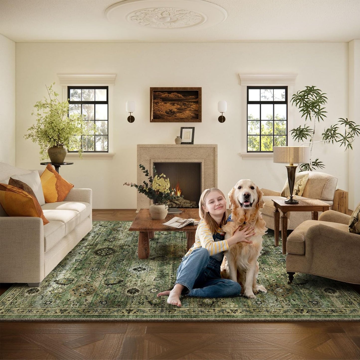 Washable Area Rugs for Living Room: 8x10 Rug Boho Vintage Rugs Stain Resistant Non Slip Low Pile Lightweight Soft Carpets for Bedroom Kitchen Dining Room Nursery Kids Room Farmhouse Home Office