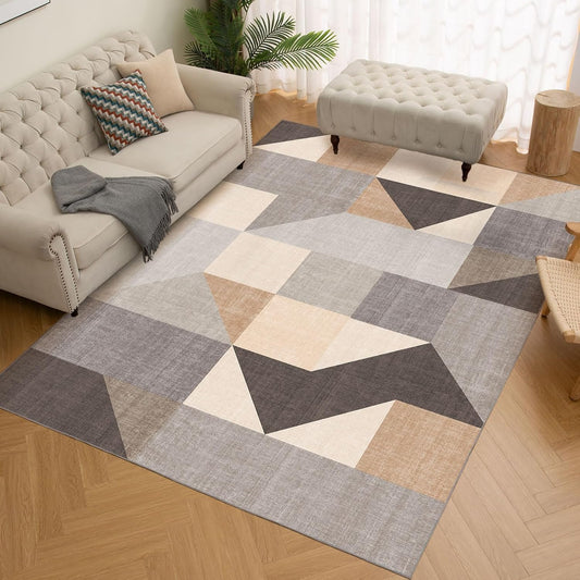 HOMFINE Washable Modern Area Rug - Geometric Style 9x12 Rugs for Living Room, Bedroom, Machine Washable Rug Soft Non Slip Non Shedding Area Rug - Grey Brown, 9'x12'