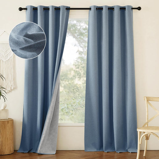 NICETOWN Stone Blue Full Shade Faux Linen Curtain Panels 95" Long, Pair of Energy Smart & Noise Blocking Out Blackout Drapes for Guest Room Window, Thermal Insulated Lined Window Dressing (52 inch)