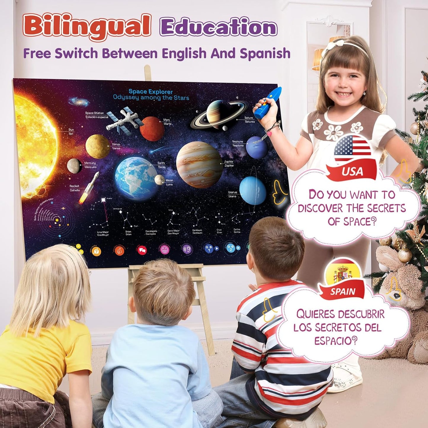 Bilingual Interactive Solar System Poster for Kids – Educational Talking Space Poster for Kids Aged 3-12, STEM Learning Toy, Ideal for Classroom & Home, Space-Themed Wall Decor