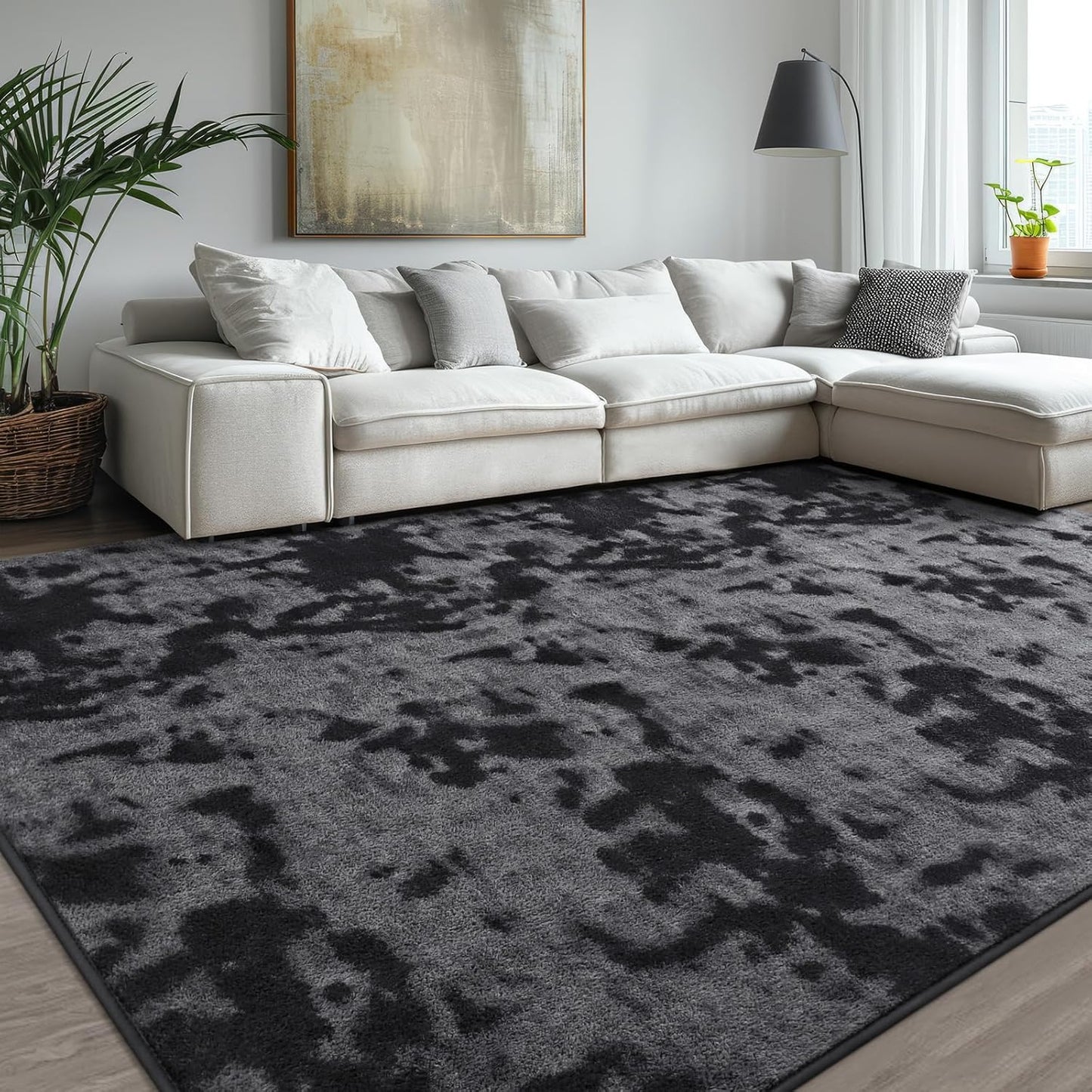 Kimicole 7x10 Washable Area Rugs for Living Room Bedroom, Large Low Pile Ulta-Thin Solid Color Rug, Non-Slip Soft Fluffy Carpet for Nursery Kids Room Dorm Room Home Decor (Dark Grey)