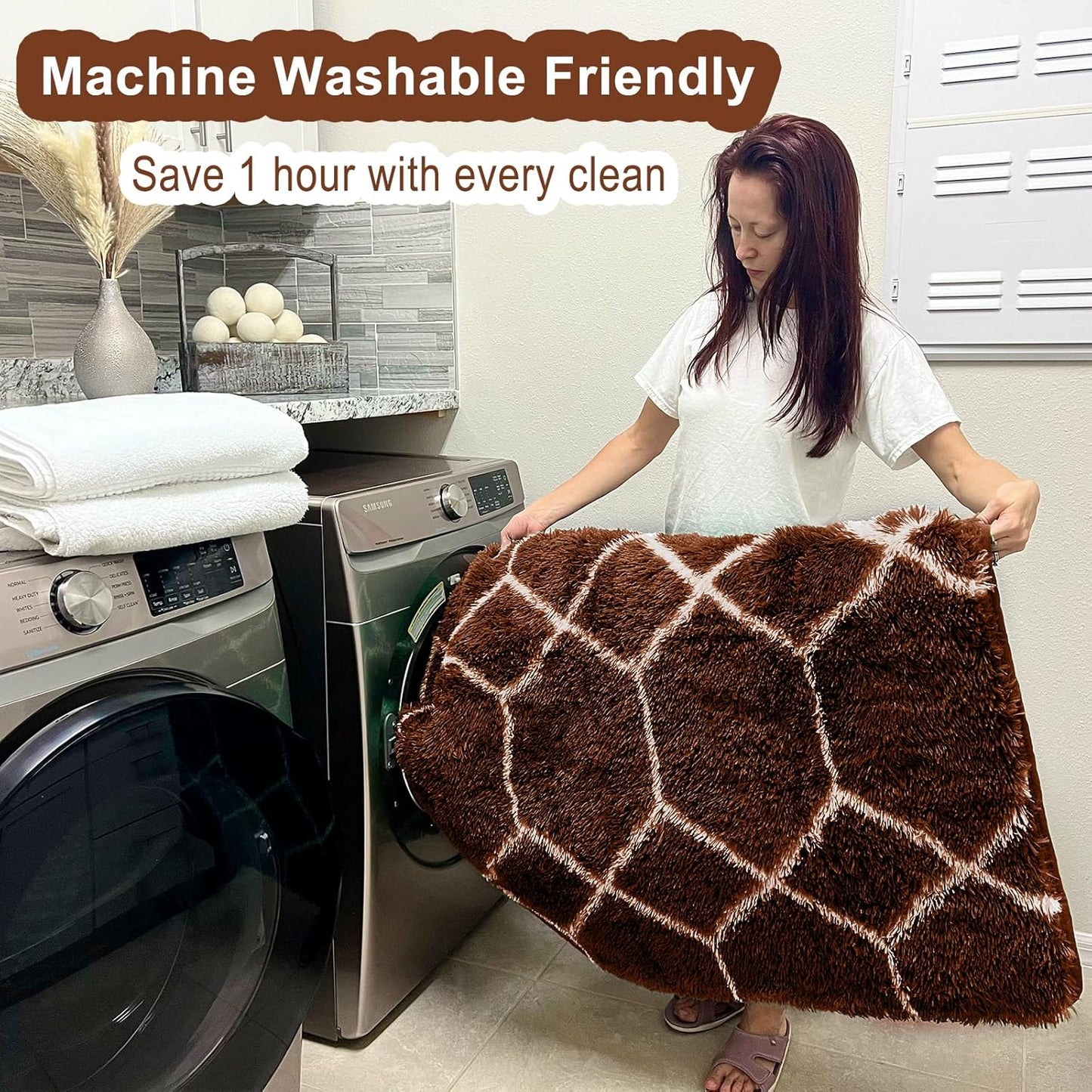 ONASAR 6x9 Area Rugs for Living Room Bedroom, Washable Large Fluffy Brown and White Throw Rug, Geometric Soft Plush Shaggy Fuzzy Floor Carpet for Nursery Kids Girls Boys Teen Dorm Home Office Decor