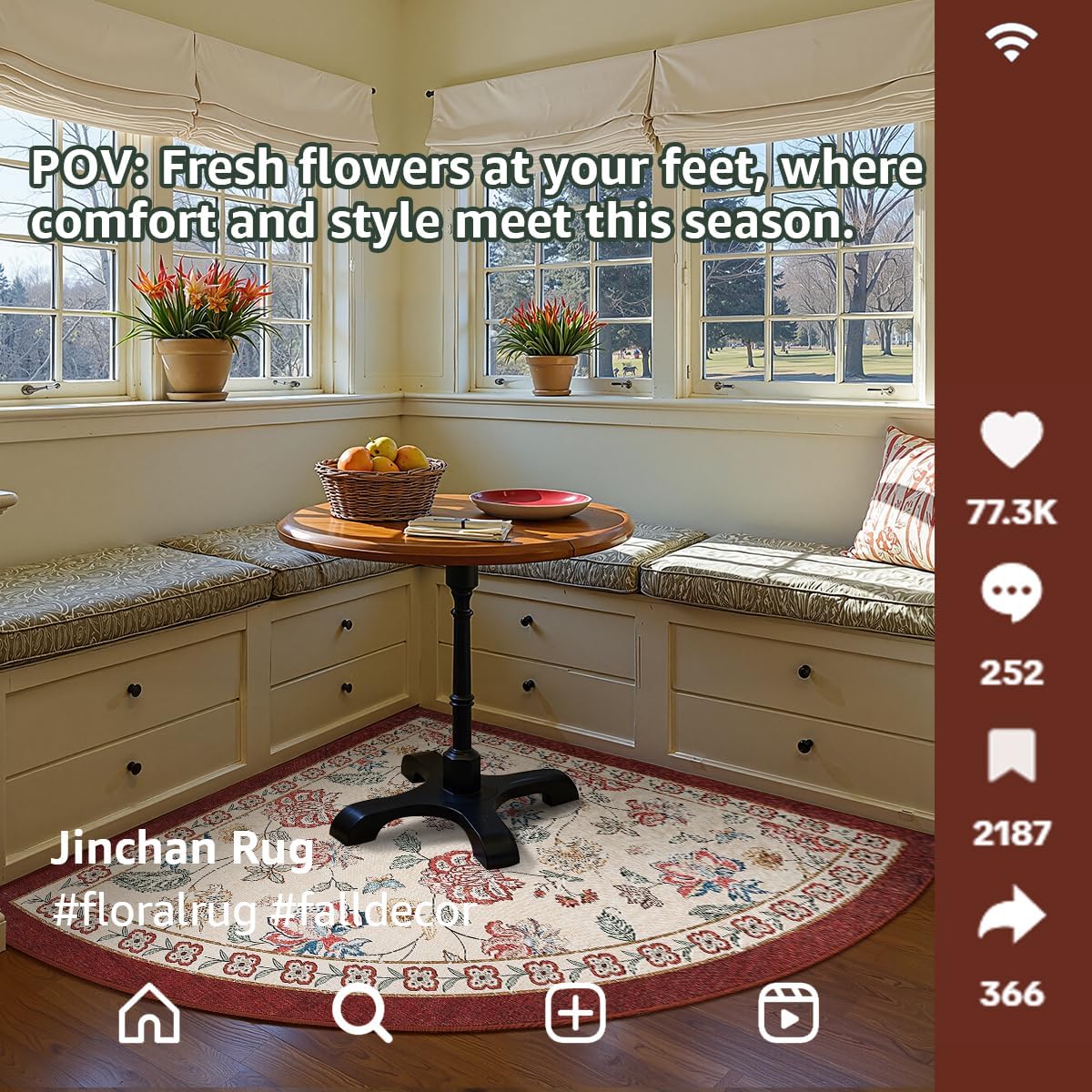 jinchan Floral Corner Rug for Living Room Washable Bedroom Rug Vintage Romance Design Non Slip Quarter Circle Lightweight Low-Pile Throw Carpet for Reading Nook Playroom,6ft Radius, Red/Beige