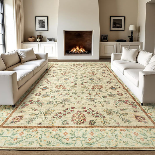 LOCHAS Washable Area Rugs 8x10, Beige Floral Rug for Living Room Bedroom Non Slip, Ultra Soft Vintage Indoor Carpet for Kids, Nursery, Dorm, Dining Room, Classroom, Boho Flower Home Decor, Low-Pile
