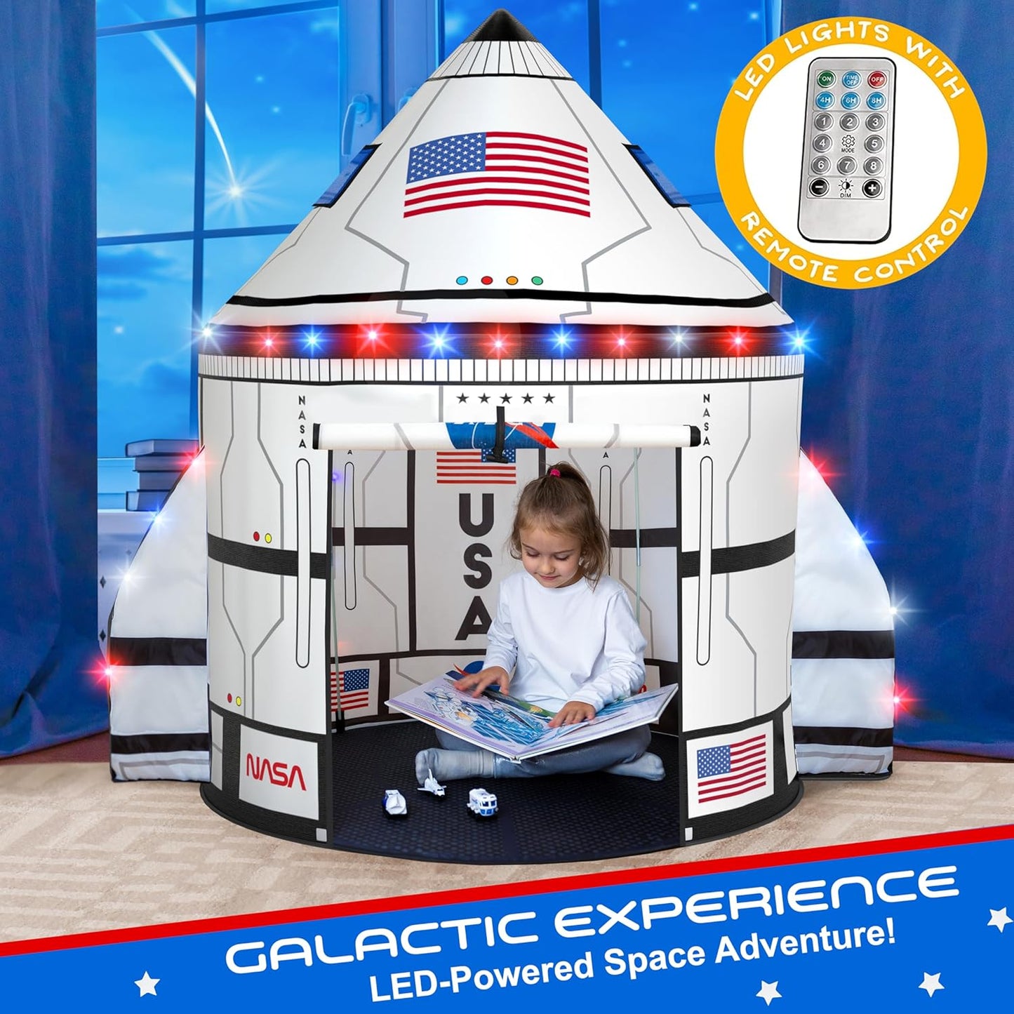 W&O Space Shuttle Explorer Tent with Blast-Off Button, LED Lights & 3 Space Toys – Rocket Ship Play Tent for Kids Ages 3-5