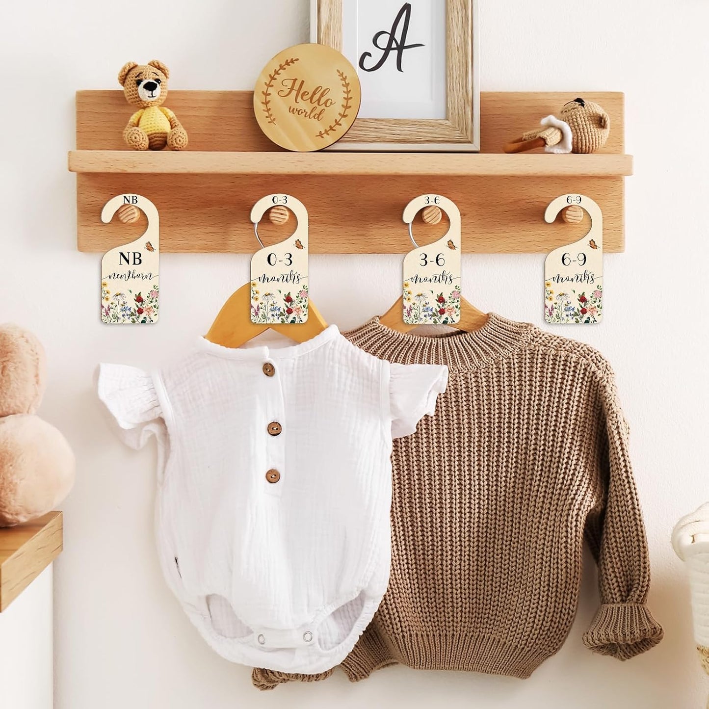 Whaline 8Pcs Vintage Wildflower Hanging Wood Baby Closet Size Dividers and Organizer - Newborn to 24 Months - Thicken Wardrobe Organizer for Home Nursery