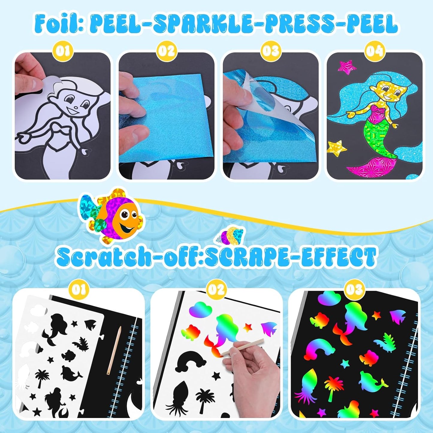 homicozy Art & Craft Activity for Kids - Foil Fun Mermaids & Scratch Art Book 2-in-1, No Mess Art Crafts for Girls,DIY Creative Activity Kit,Gifts for Girls Ages 4, 5, 6, 7, 8, 9, Travel Toys