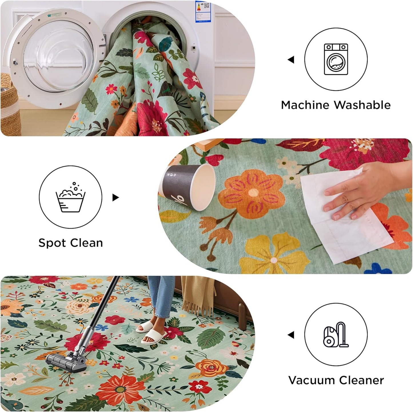 5x7 Washable Rug for Living Room, Green Floral Area Rug, Non Slip Low Pile Soft Flower Carpet, Large Rugs for Bedroom, Dining Room, Office, Kids Playroom, Nursery, Sage Green