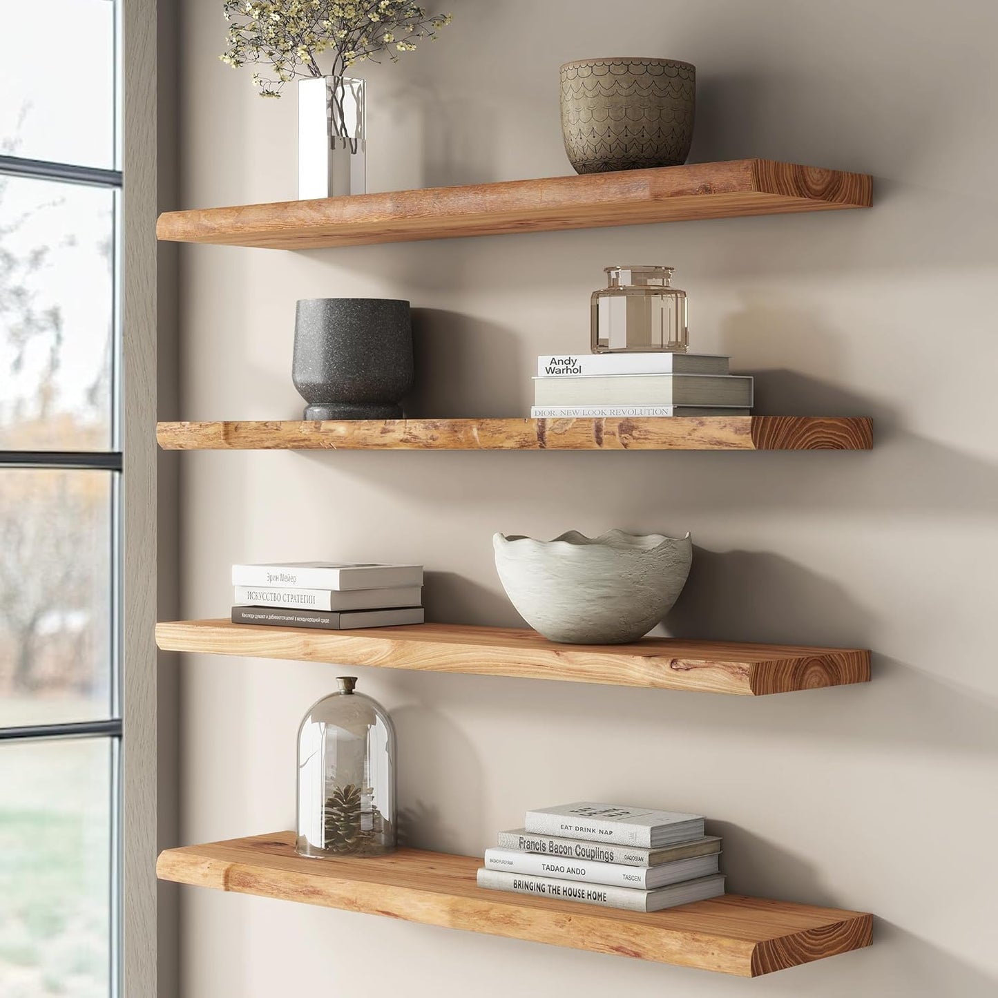 Rustic Elm Wood Floating Shelf for Wall, Live Edge 72"W x 9.2"D x 1.4"H, 1 Pack with Invisible Bracket, Large Wall Mounted Storage Shelf for Living Room Bedroom Kitchen Bathroom Decor, Natural Finish