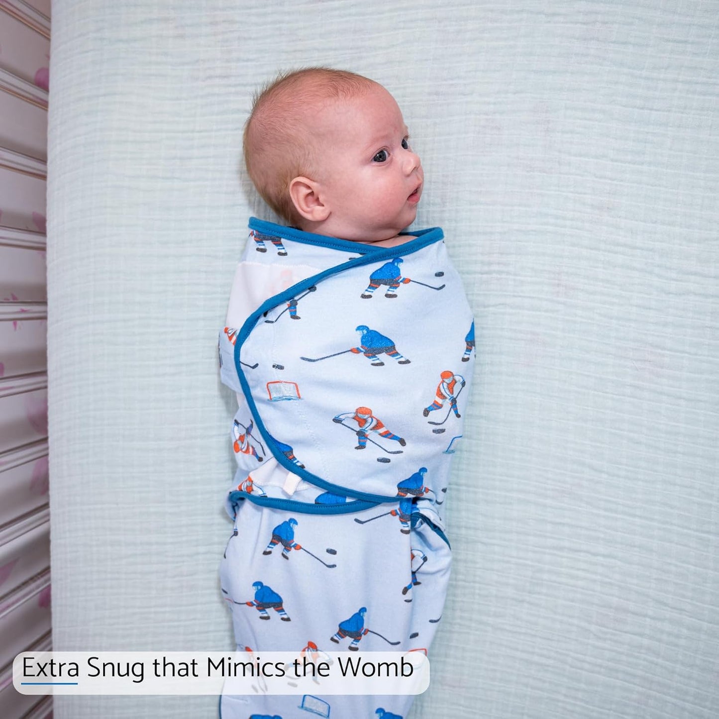 LollyBanks Baby Swaddle, 100% Organic Cotton Newborn Boy Swaddle Sack 3-6 Months, Newborn Baby Swaddle Blanket Wrap with Easy Change Zipper, Baby Registry Must Haves (Ice Hockey)