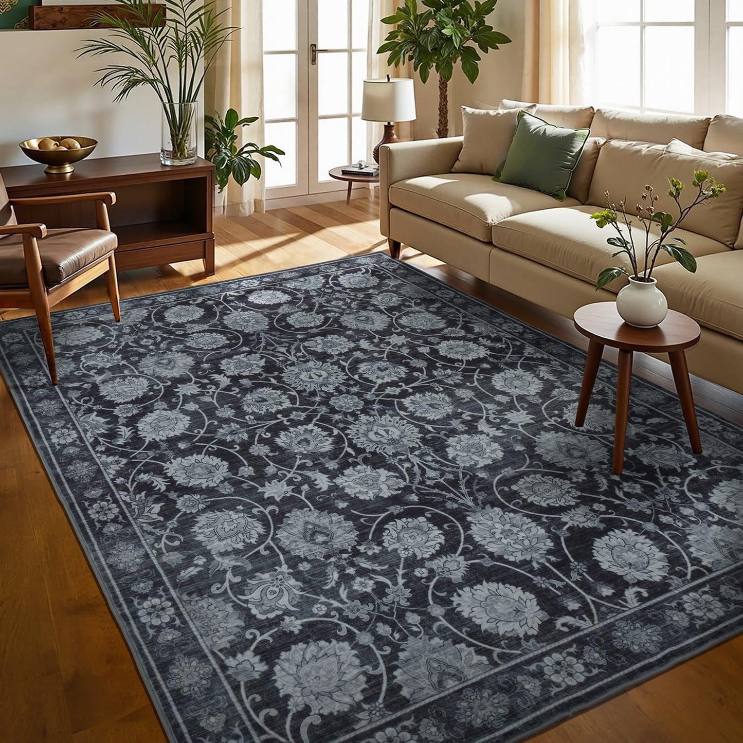 6x9 Area Rug for Living Room & Bedroom, Washable Non-Slip Vintage Distressed Rugs, Floral Soft Carpet, Low Pile Wool Carpets for Indoor Dining Home Office Playroom Under Table, Black
