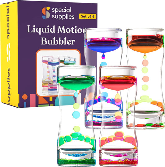 Special Supplies Liquid Motion Bubbler Toy (4-Pack) Colorful Hourglass Timer with Droplet Movement, Bedroom, Kitchen, Bathroom Sensory Play, Cool Home or Desk Decor