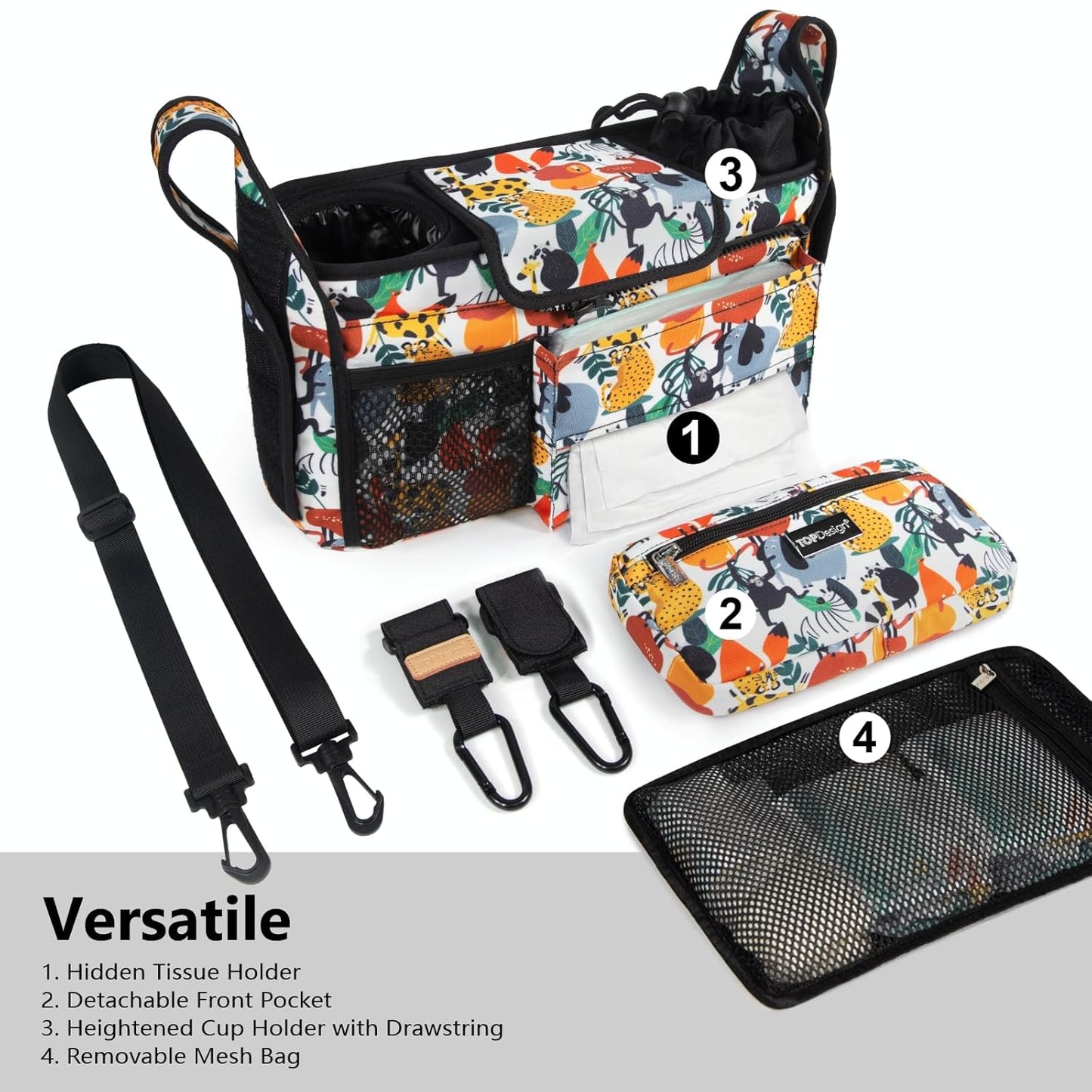 TOPDesign Universal Baby Stroller Organizer, Stroller Caddy with Detachable Mesh Bag & Heightened Insulated Cup Holders & Non-Slip Secure Hooks Accessories, Fits Most Strollers (Zoo)