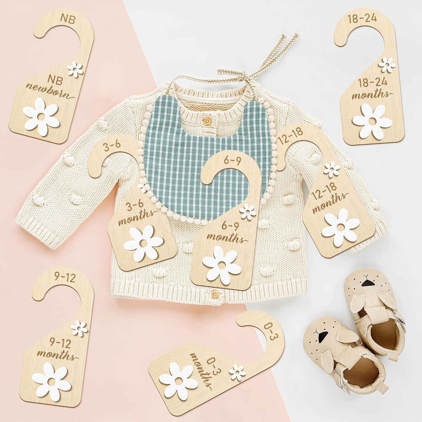 R HORSE Wooden Baby Closet Dividers - 8Pcs Double-Sided 3D Daisy Nursery Closet Organizer Baby Clothes Size Hanger Dividers Newborn Nursery Decor Birthday Gift for Boy Girl (0-24 Months)