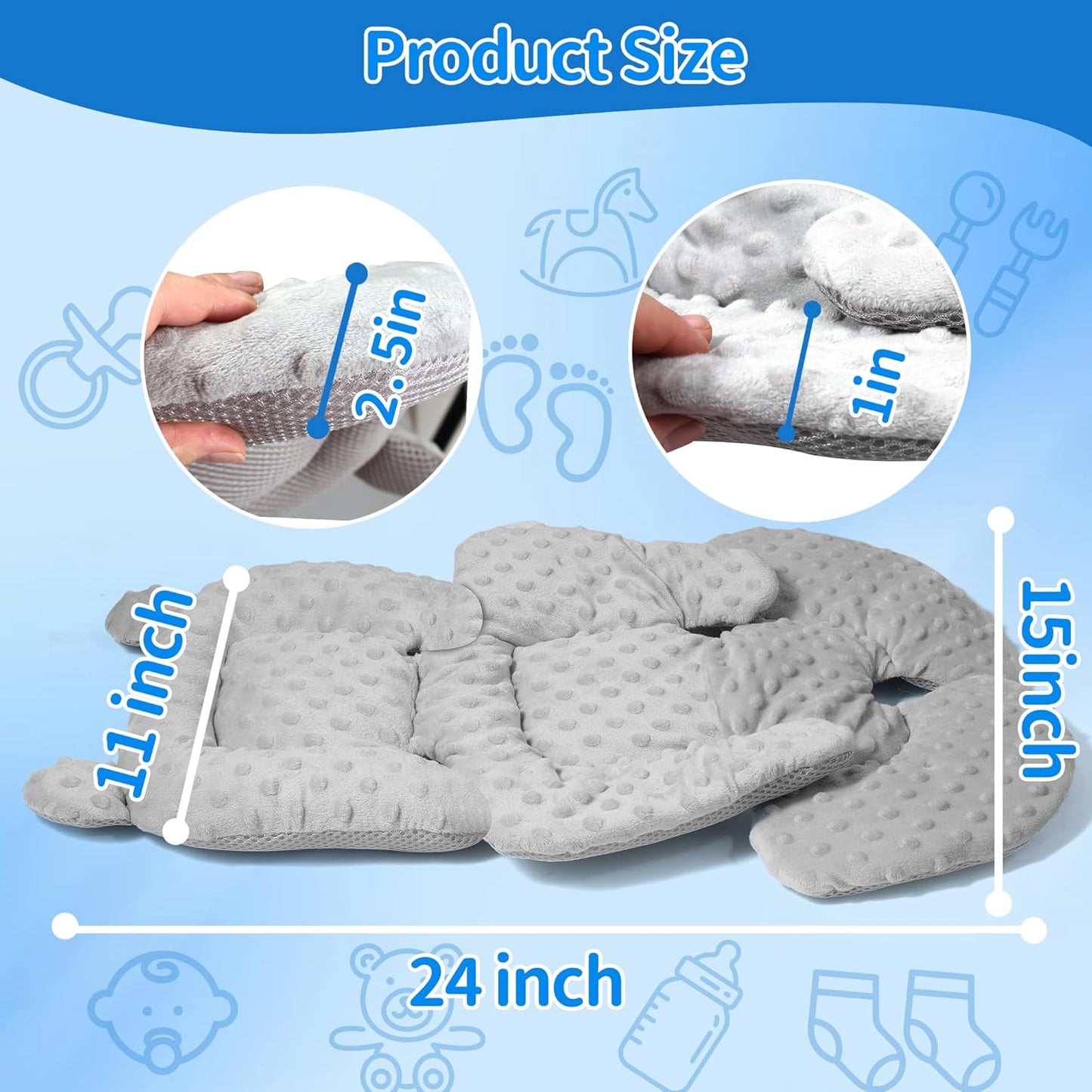 3in1 Baby CarSeat Head Support for Infant, Reversible Soft Infant Car Seat Insert Newborn Boy Girl, Breathable Cotton Head Body Support Pillow Cushion,Stroller,Swing,Bouncer,Baby Registry,Grey