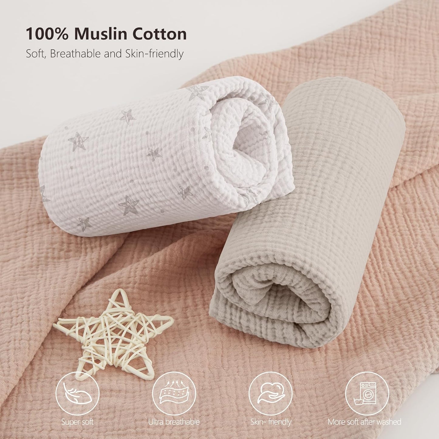 Bearmoss Muslin Crib Sheets - 100% Cotton Baby Crib Sheets Fitted for Standard Crib Mattress & Toddler Bed Mattress 52"x28" Soft Breathable Crib Sheet Neutral for Boys Girls - 2 Pack (White Star)