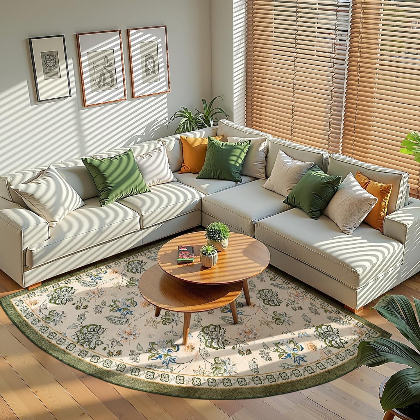 jinchan Floral Corner Rug for Living Room Washable Bedroom Rug Vintage Romance Design Non Slip Quarter Circle Lightweight Low-Pile Throw Carpet for Reading Nook Playroom,6ft Radius, Green/Beige