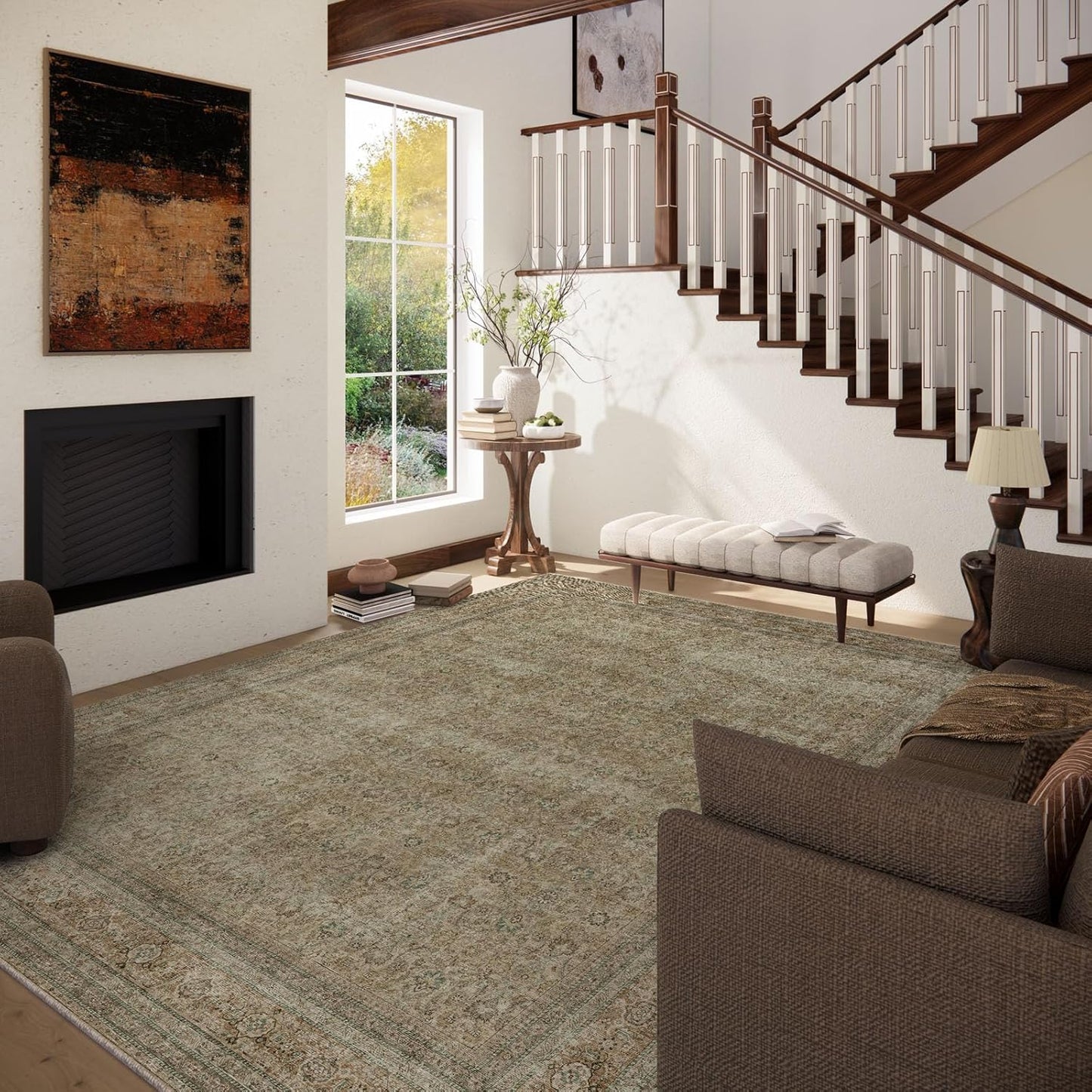 Washable Area Rugs for Living Room: 6x9 Bedroom Rug Boho Vintage Rugs Stain Resistant Non Slip Low Pile Lightweight Soft Carpets for Dining Room Kitchen Nursery Kids Room Farmhouse Living Room