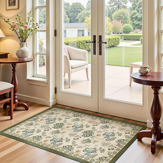 jinchan 3x5 Floral Rug for Entryway Washable Kitchen Rug Vintage Romance Design Small Mat Non Slip Indoor Doormat Lightweight Low-Profile Throw Carpet for Entrance Bathroom Laundry Room, Green/Beige