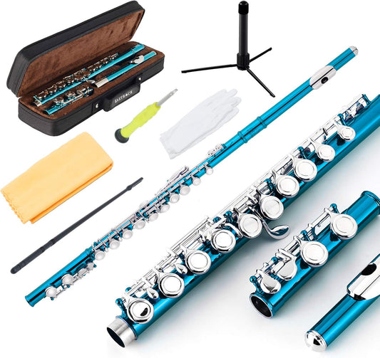 EastRock Closed Hole Flutes C 16 Key for Beginner, Kids, Student -Nickel Flute with Case Stand and Cleaning kit (Sea Blue)