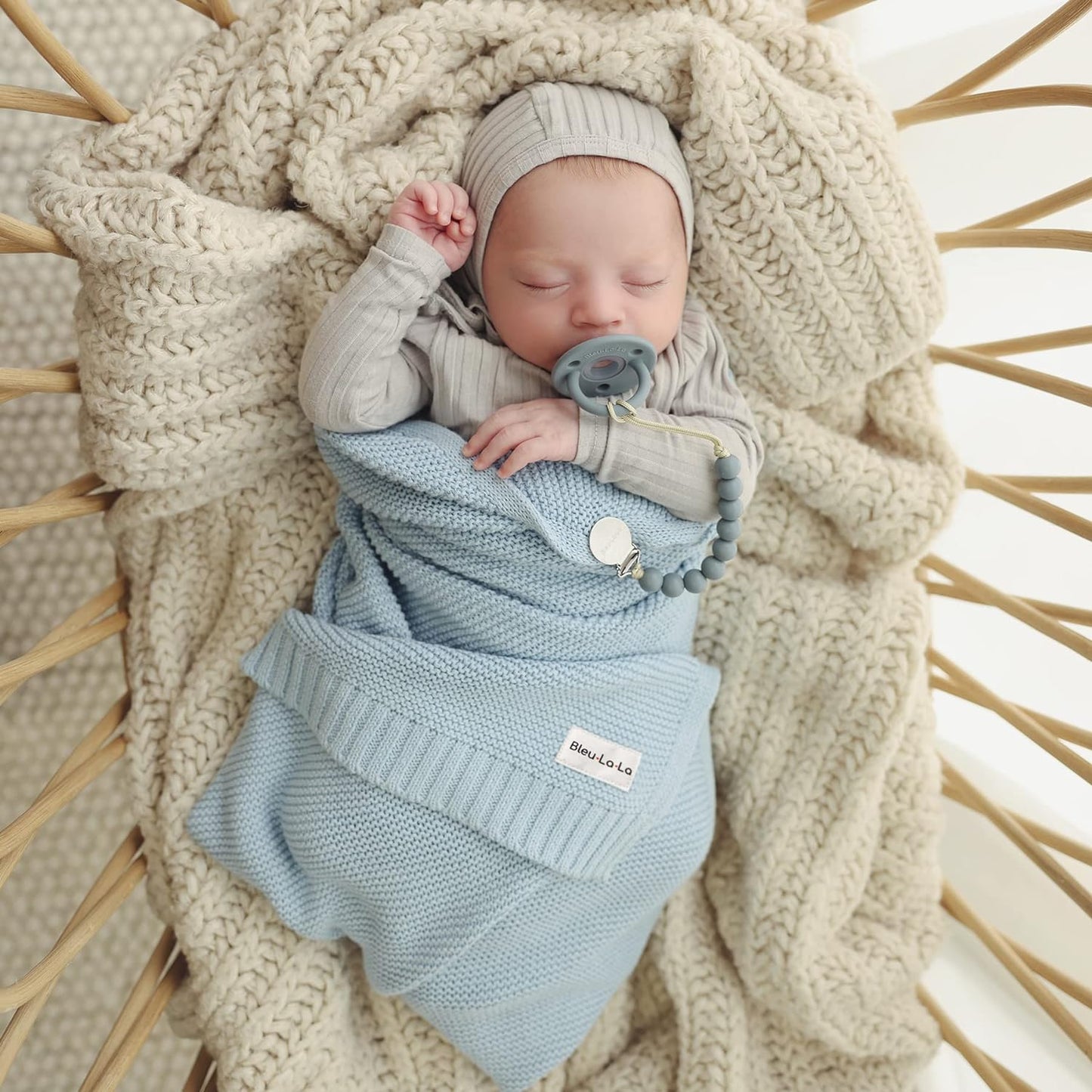 Organic Cotton Heritage Knit Receiving Blanket for Boys - 100% Luxury Soft Organic Cotton - Warm Cozy Swaddle Cuddle Crib Blanket for Newborns Infants & Toddlers (0-2Yrs - Sky Blue)
