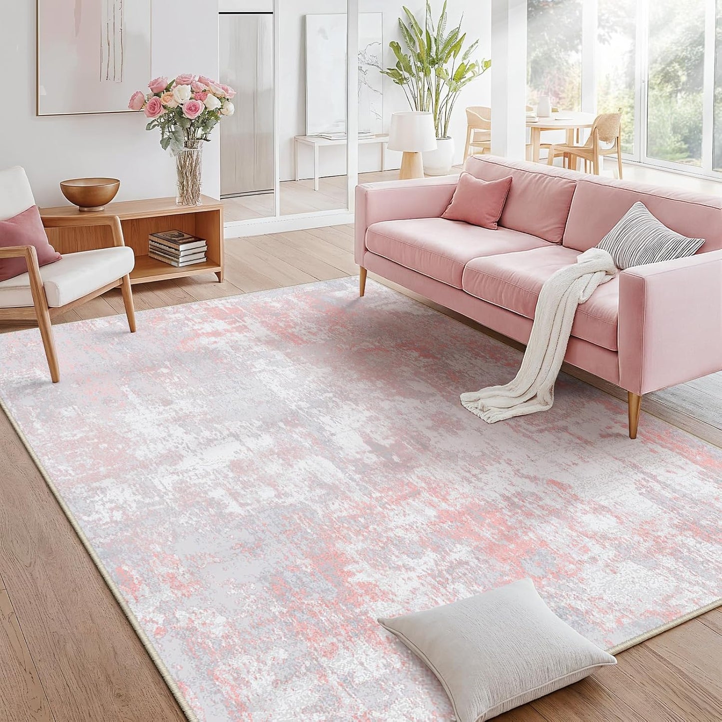 Washable Area Rugs 5'x8' Non-Slip Modern Abstract Soft for Living Room Entryway Bedroom Nursery, Print Pattern, Grey Pink