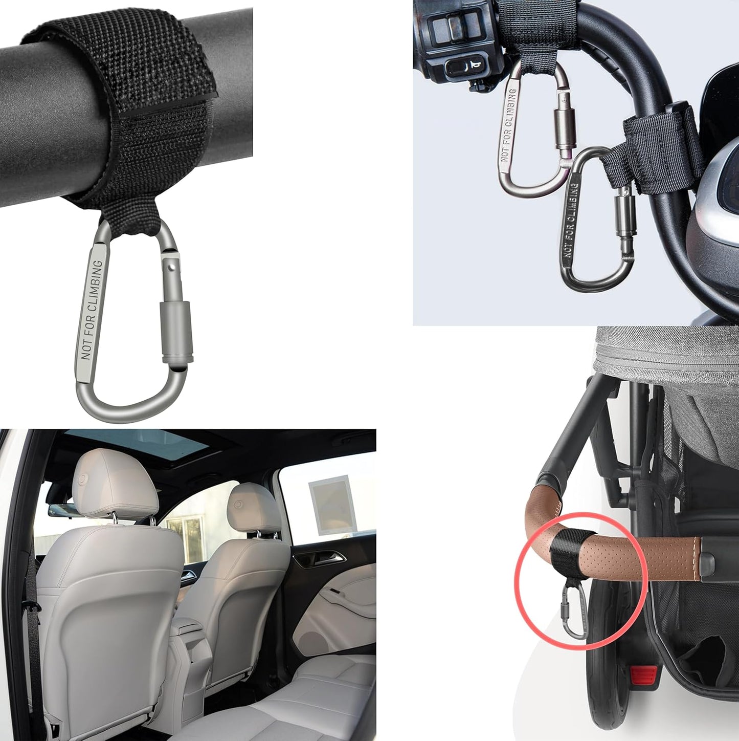 2 Pcs Baby Stroller Hook with Locking Mechanism, Carry 30 lbs per Stroller Carabiner Clip, Adjustable Baby Stroller & Car Seat Hook for Hanging Diaper Bag, Golf, Shopping and Pet Cart