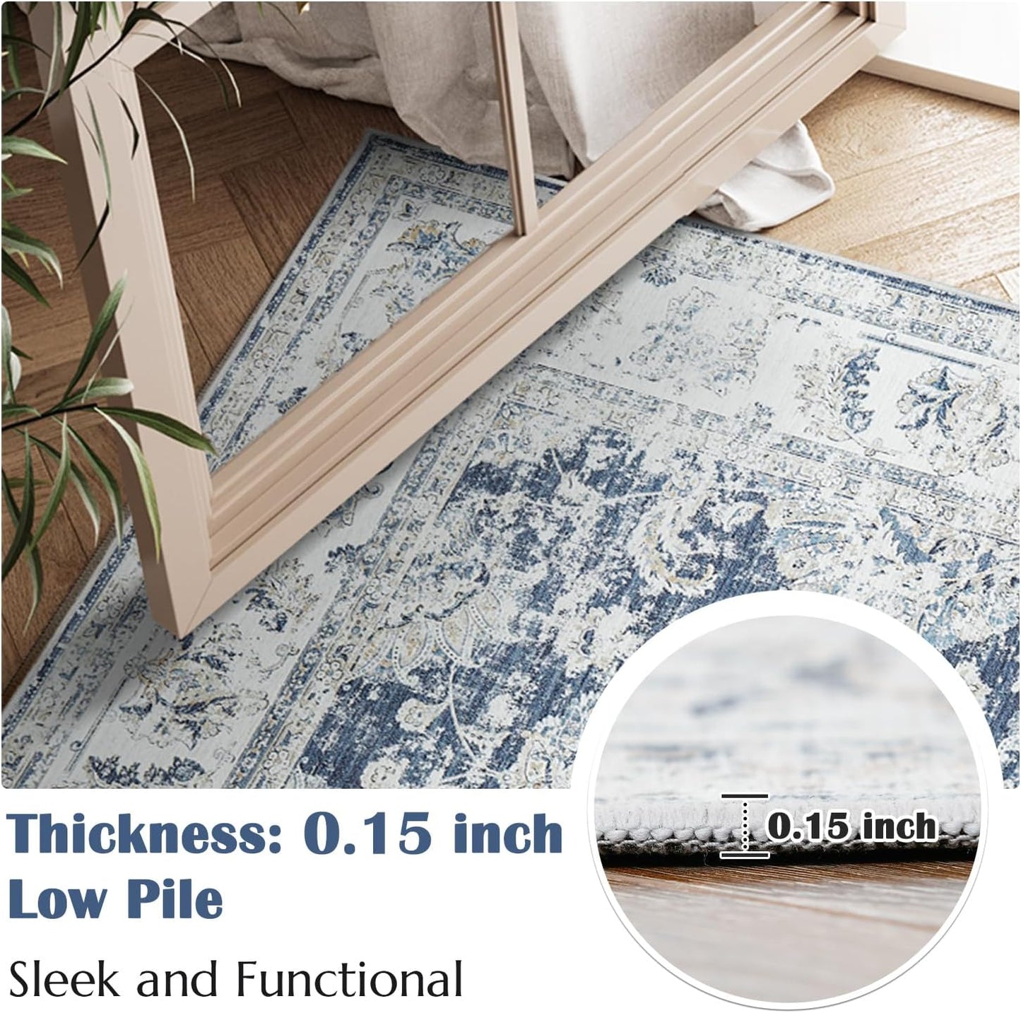 jinchan 4x6 Area Rugs for Bedroom - Machine Washable Distressed Vintage Floral Design Stain Resistant Boho Carpet Ultra-Thin Low Pile Non-Slip Rug for Living Room Dining Room Kitchen (4‘x6',Dark Blue)