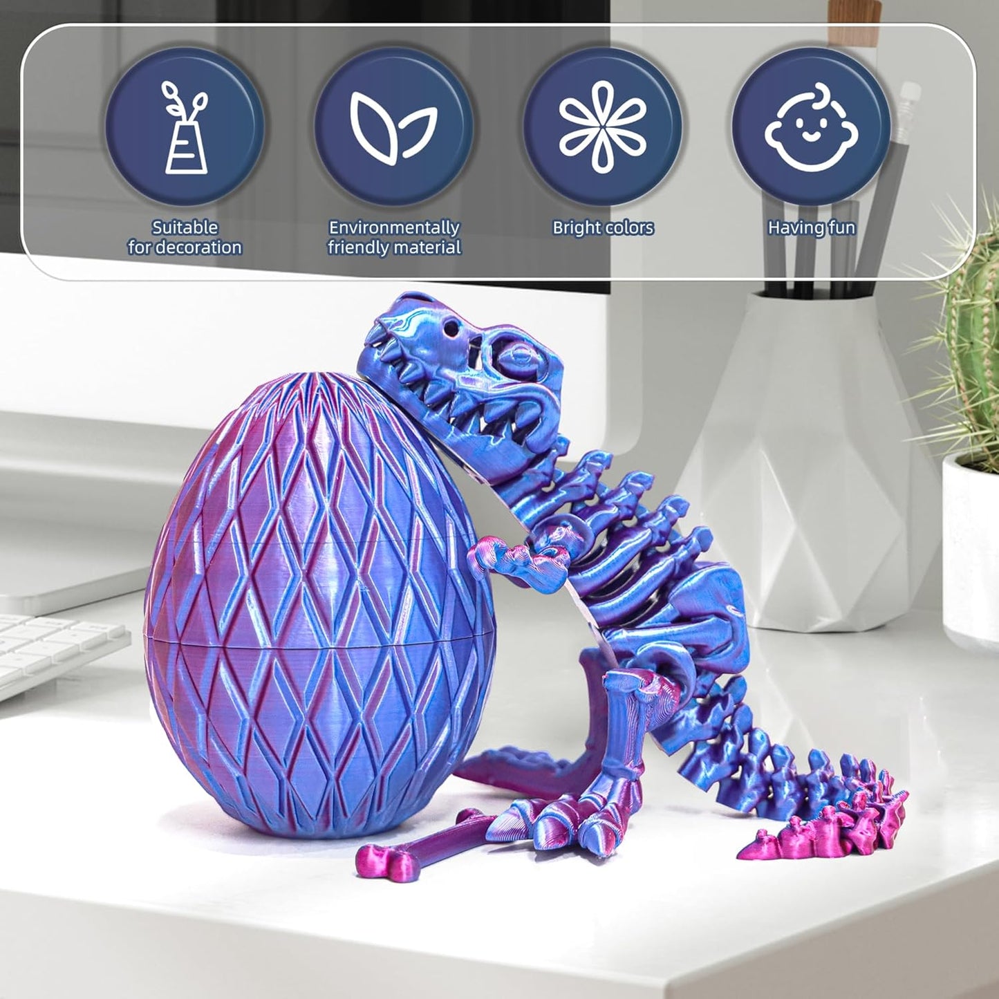 Flavery 3D Printed Dinosaur with Bones - 10 inch Flexible T-Rex Skeleton with Bones, 3D Fidget Toy, Birthday Gift, Dragon Collection, Desk Executive Toy - (Red Mix Blue)