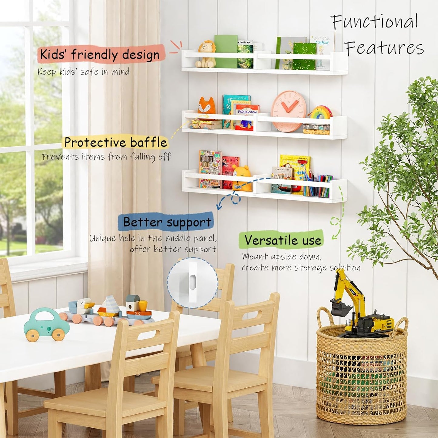 Large Nursery Book Shelves Wall Mounted for Kids Room, White Floating Nursery Bookshelf for Baby Girls Boys Bedroom, Toddler Kid Book Shelf for Classroom Library (32 Inch Long Set of 3)