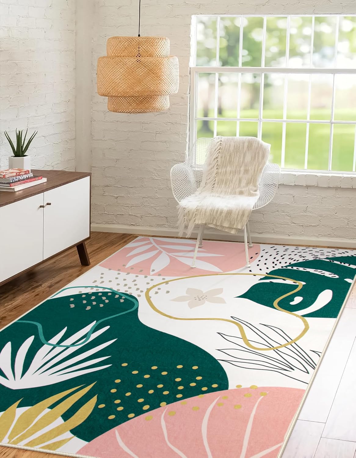 Lahome Washable Rug 5x7 - Rugs for Living Room 5x7 Non-Slip Ultra-Thin Carpet for Bedroom Cute Soft Kids Nursery Rug, Boho Botanical Print Indoor Floor Rug for Entryway Office (5'x7',Green/Pink)