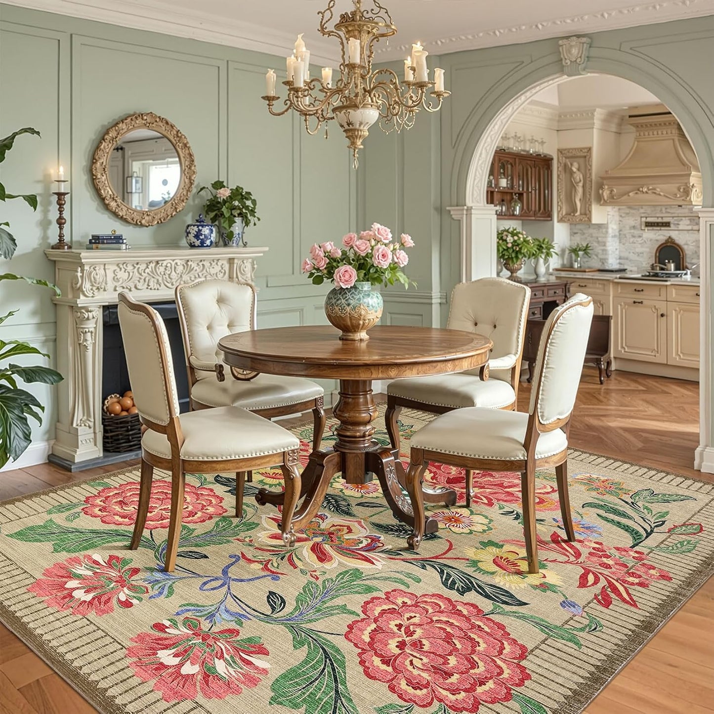 GarveeHome Floral Botanical Washable 8x10 Area Rug for Living Room Soft Camel Taupe Brown Vintage Boho Cottage Large Rugs Low Pile Carpet for Bedroom Dining Nursery Rug