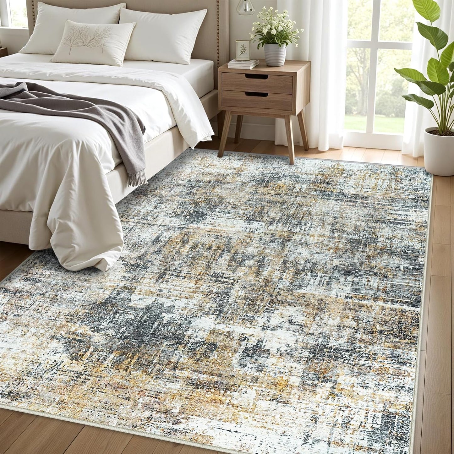 Area Rug Living Room Rugs: 5x7 Abstract Washable Rugs Ultra Soft Carpets with Non-Slip Backing Stain Resistant Carpet for Dining Room Table Bedroom Nursery Indoor Home Office Brown/Gray