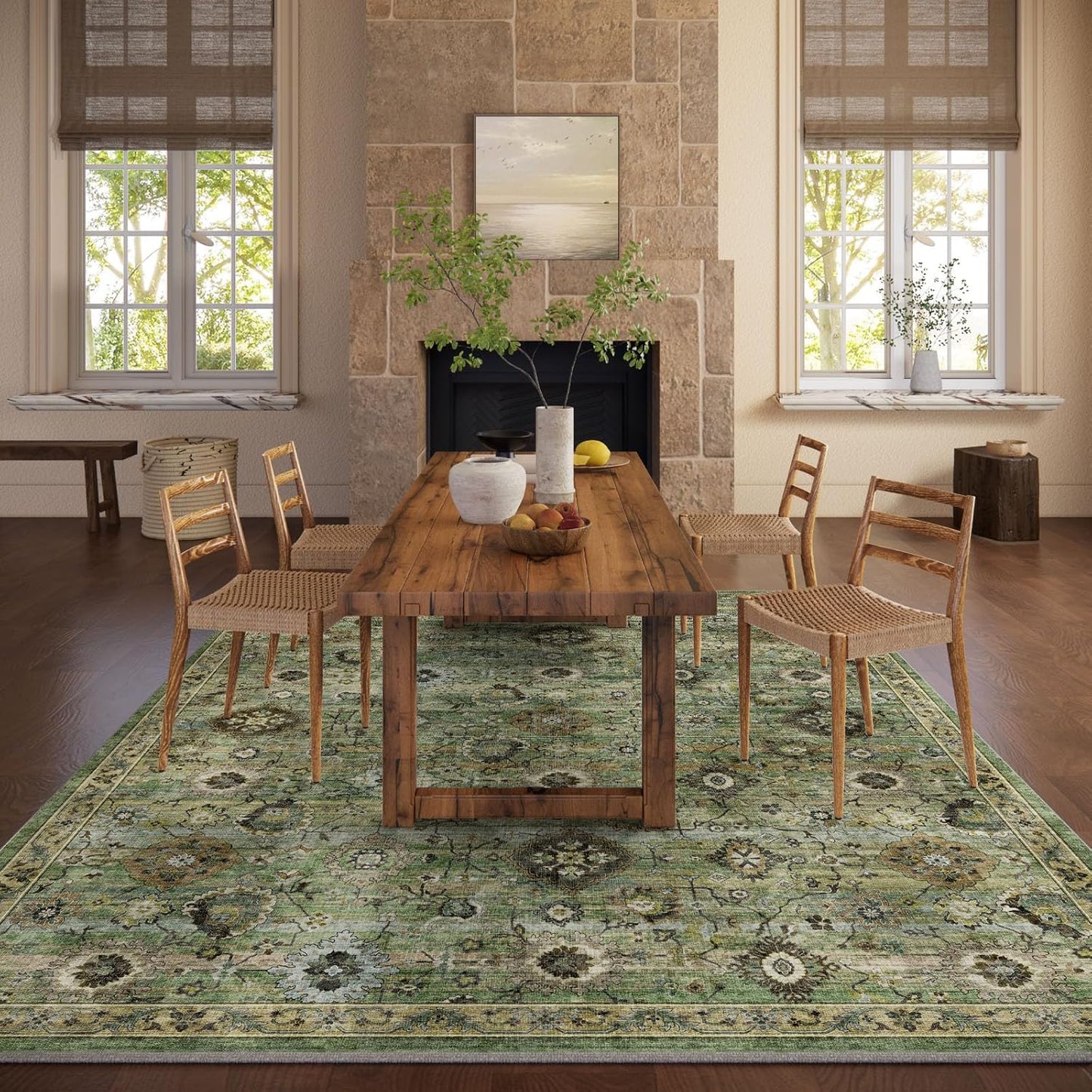 Washable Area Rugs for Living Room: 5x7 Rug Boho Vintage Rugs Stain Resistant Non Slip Low Pile Lightweight Soft Carpets for Bedroom Kitchen Dining Room Nursery Kids Room Farmhouse Home Office