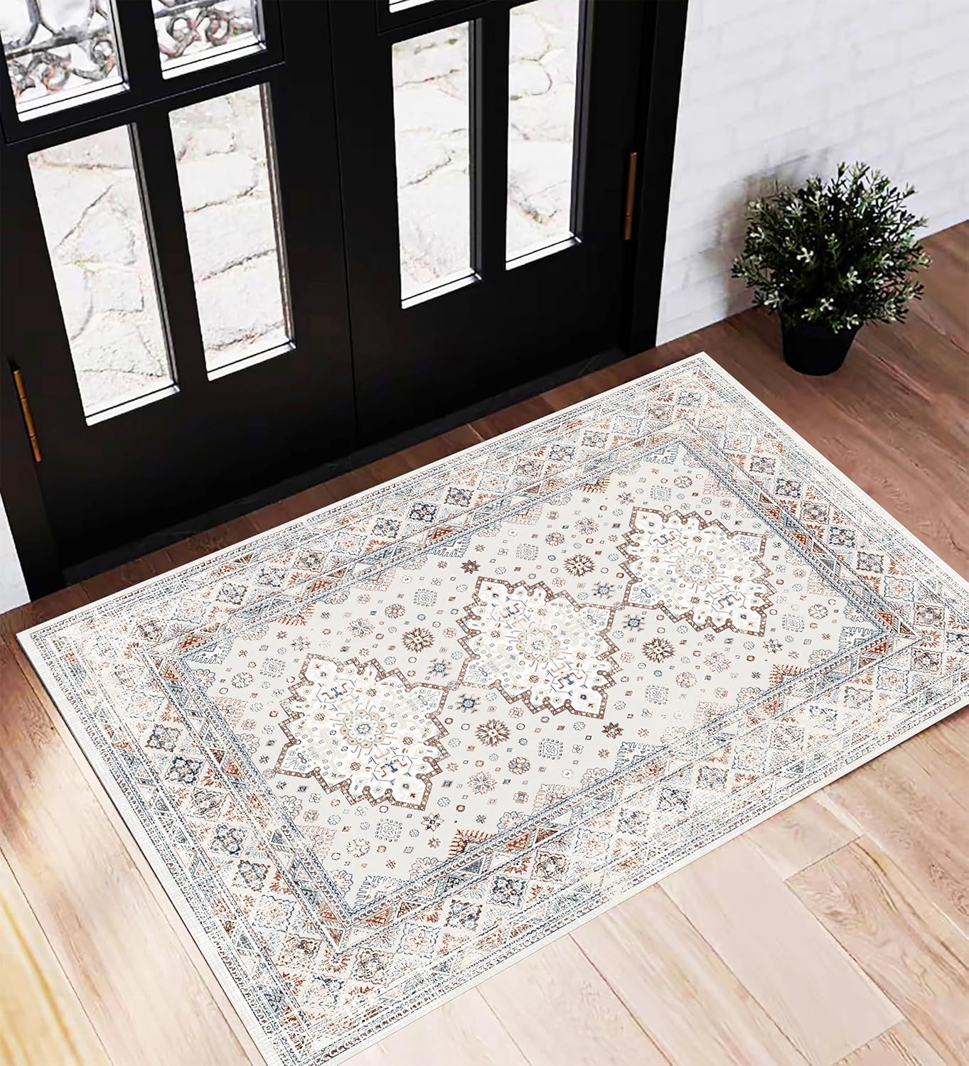 Area Rug 2x3 Washable Rug Door Mat Vintage Distressed Doormat Indoor Entrance Traditional Thin Floral Print Non Slip Carpet for Kitchen Bathroom Bedroom Living Room