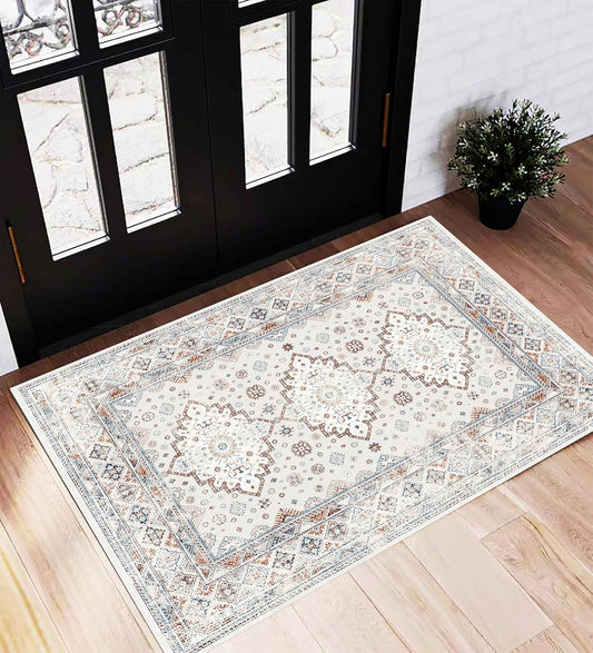 Area Rug 2x3 Washable Rug Door Mat Vintage Distressed Doormat Indoor Entrance Traditional Thin Floral Print Non Slip Carpet for Kitchen Bathroom Bedroom Living Room