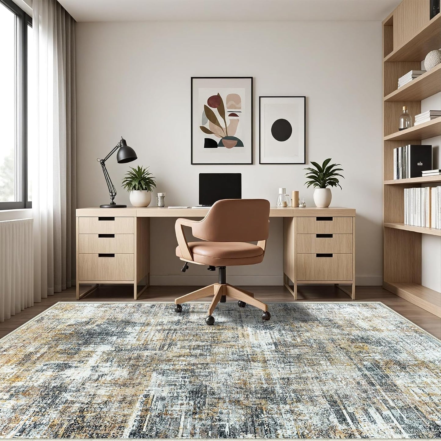 Washable Rug 6x9 Area Rugs: Abstract Washable Rugs with Non-Slip Backing, Stain Resistant Indoor Floor Carpet for Bedroom Dining Room Table Nursery Hallway Home Office Brown/Gray