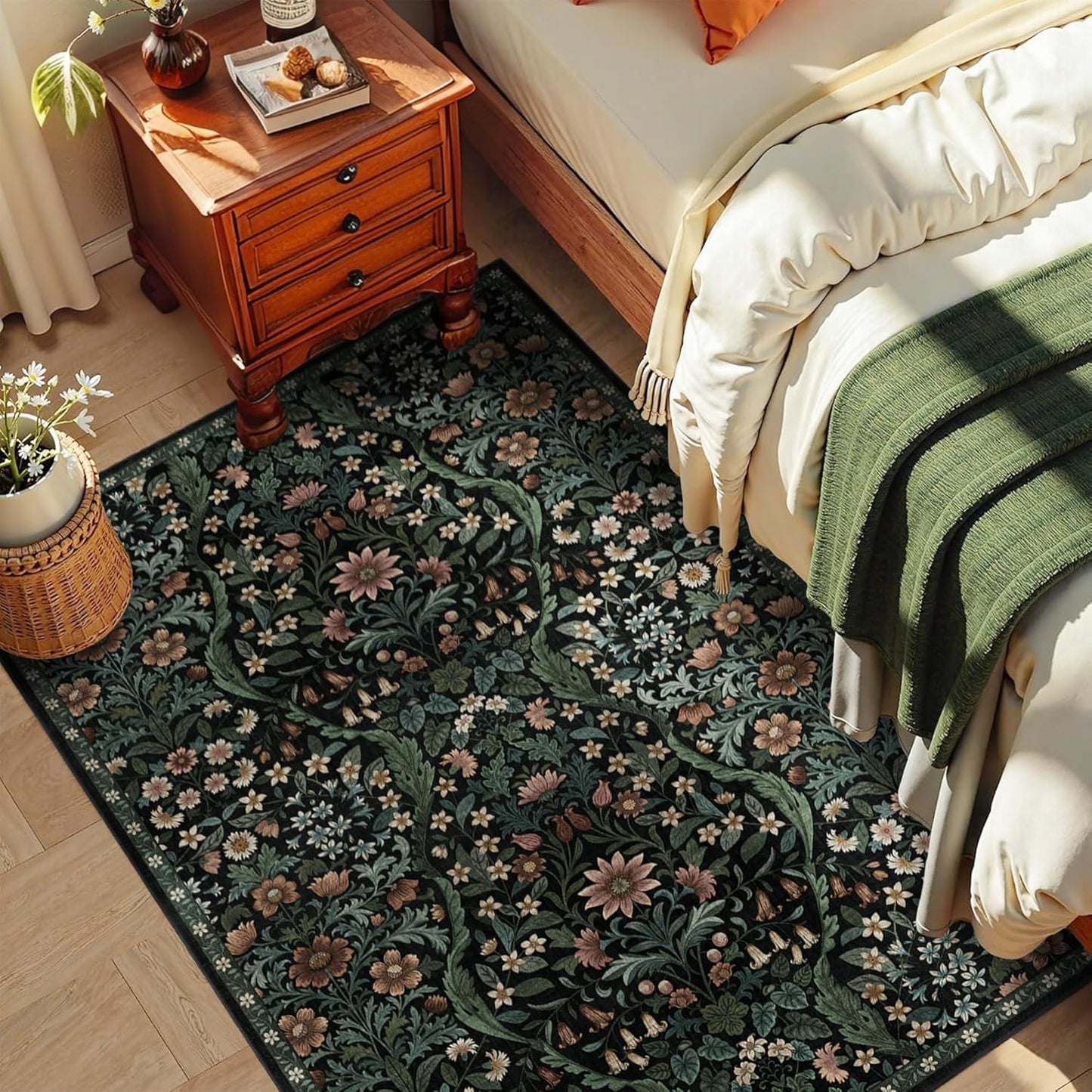 3x5 Black Boho Floral Vintage Area Rug,Soft Lightweight Low Pile Non-Shedding Carpet,Machine Washable Stain Resistant & Non-Slip for Entryway,Bedroom, Kids Room,Living Room