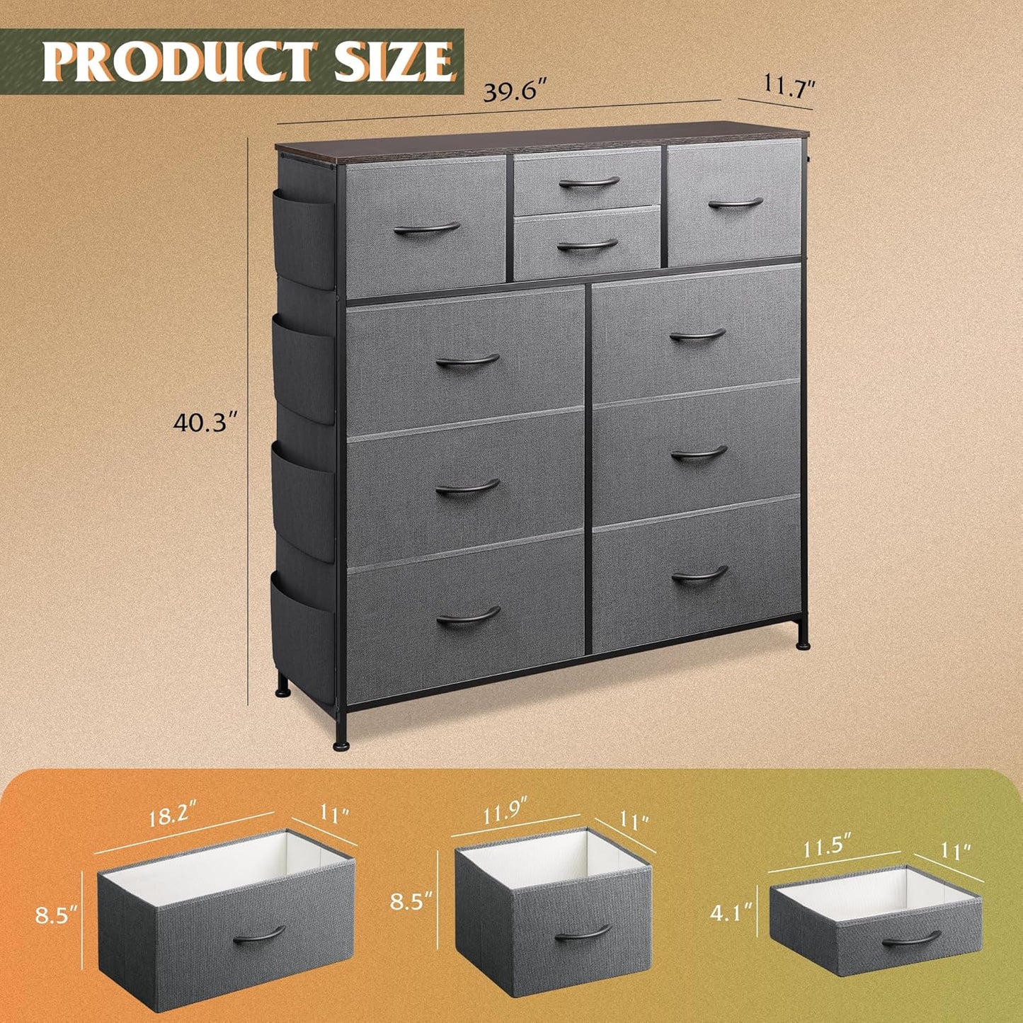 WLIVE Dresser for Bedroom with 10 Drawers, Fabric Dresser Chest of Drawers with Side Pockets and Hooks, Sturdy Metal Frame, Drawers Organizer Unit for Room, Hallway, Dark Gray