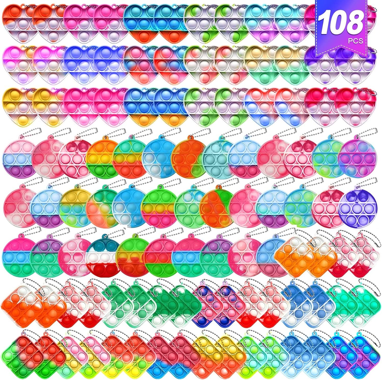 108 PCS Mini Pop Keychain Fidget Toys,3 Shape Pop Fidget Toys Its Party Favors Kids Toys Fidgets Packs Sensory Toys Stress Toys Party Gift,Push Mini Pop Keychain Bulk
