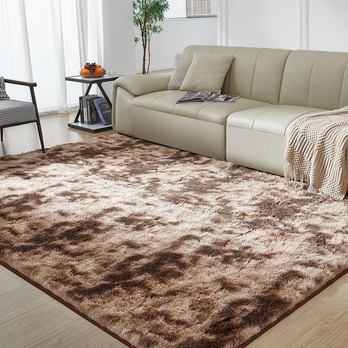 Ultra Soft Rug for Living Room, 4X6 Fluffy Shag Area Rug for Bedroom, Modern Shaggy Carpets Fuzzy Rug for Teens Dorm Nursery Home Decor Aesthetic, Upgrade Anti-Skid Durable, Tie-Dyed Coffee