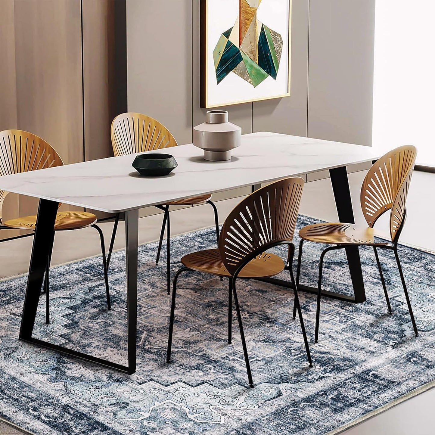 3'x5' Dark Blue Vintage Washable Thin Area Rug Traditional Floor Cover Foldable Indoor Distressed Non Slip Carpet for Bedroom Living Room Bathroom