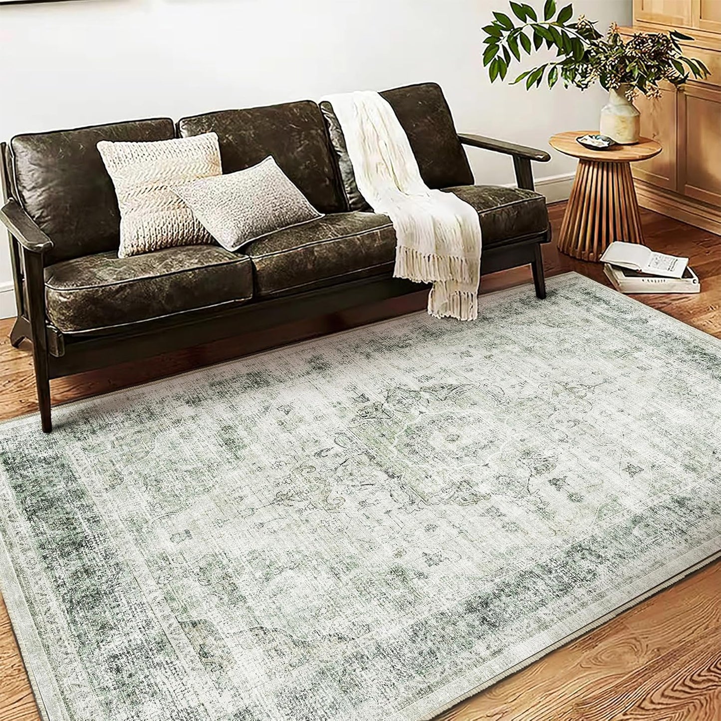 Area Rug 5'x7' Washable Rug Floral Green Vintage Traditional Floor Cover Thin Retro Kitchen Indoor Distressed Non Slip Carpet for Living Room Bedroom Dining Room