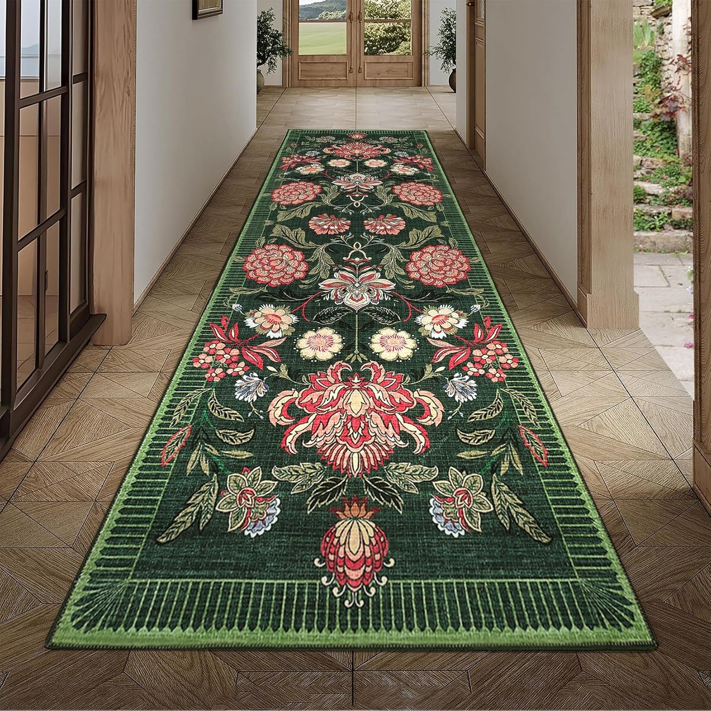 GarveeHome Forest Green Floral Botanical 2x6 Washable Kitchen Runner Rugs Non Slip Vintage Boho Cottage Long Rug for Hallways Bedroom Entryway Bathroom Mat with Rubber Back